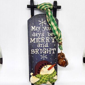 Snowman Sled + Bells Wood Country Cottage Farmhouse Christmas Holiday Ornament